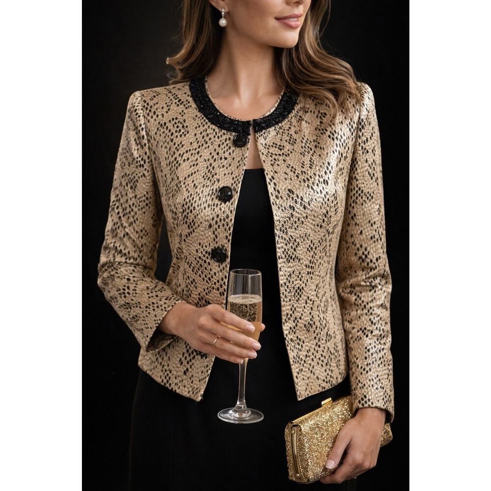 Vintage Snake Print Jacket Beaded Collar Black Gold Blazer Textured